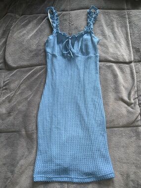 SHEIN Sky Blue Waffle Knit Midi Dress with Ruffle Straps